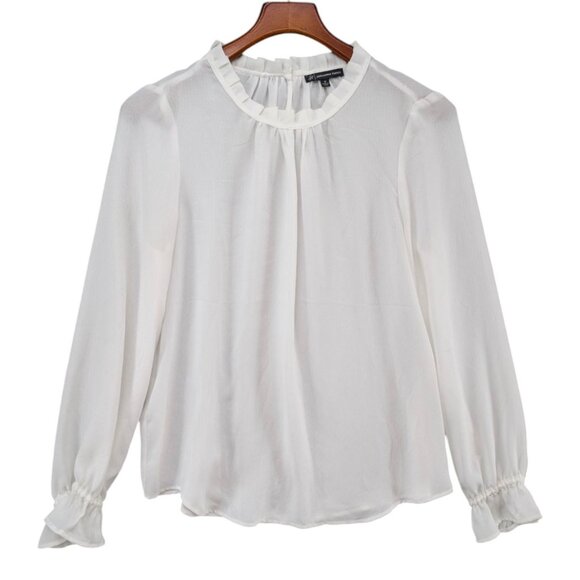 Adrianna Papell Clip Dot Blouse Womens White Long Sleeve Pleated Neck Top Sz M - Picture 1 of 8